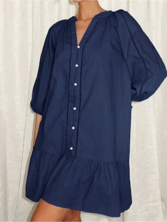 Navy Blue Cute Women's Linen Ruffle Hem Dress - Picture 5 of 5
